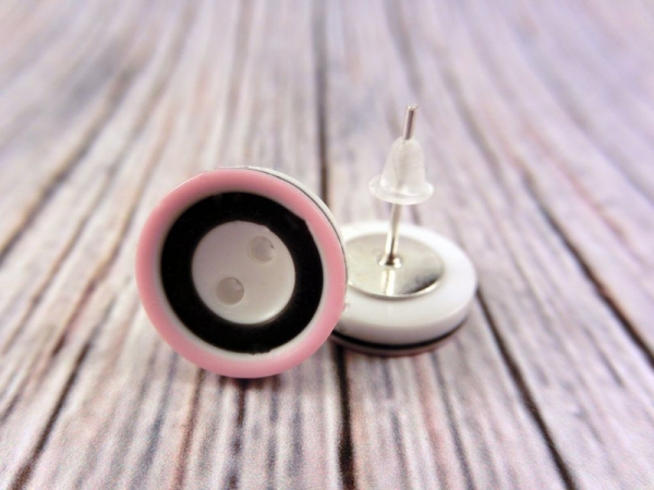 Rosa Schwarz Weiß Knopf Ohrstecker Button Rand